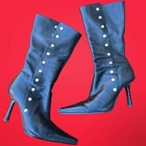 Y2K Aldo Black Leather Boots Pointed Toe Heels Size 37 US 6.5 Snap Buttons